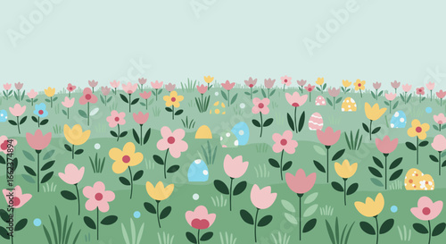 Spring floral field scene nature digital art colorful flowers bright environment vibrant viewpoint. Vector illustration