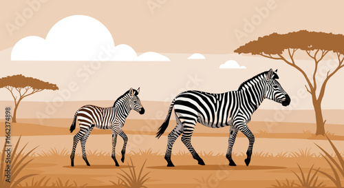 Zebras and foals walking in the african savanna wildlife illustration natural habitat side view animal behavior. Vector illustration