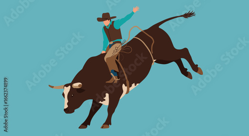 Rodeo action bull riding competition arena digital art dynamic environment side view thrilling sport. Vector illustration