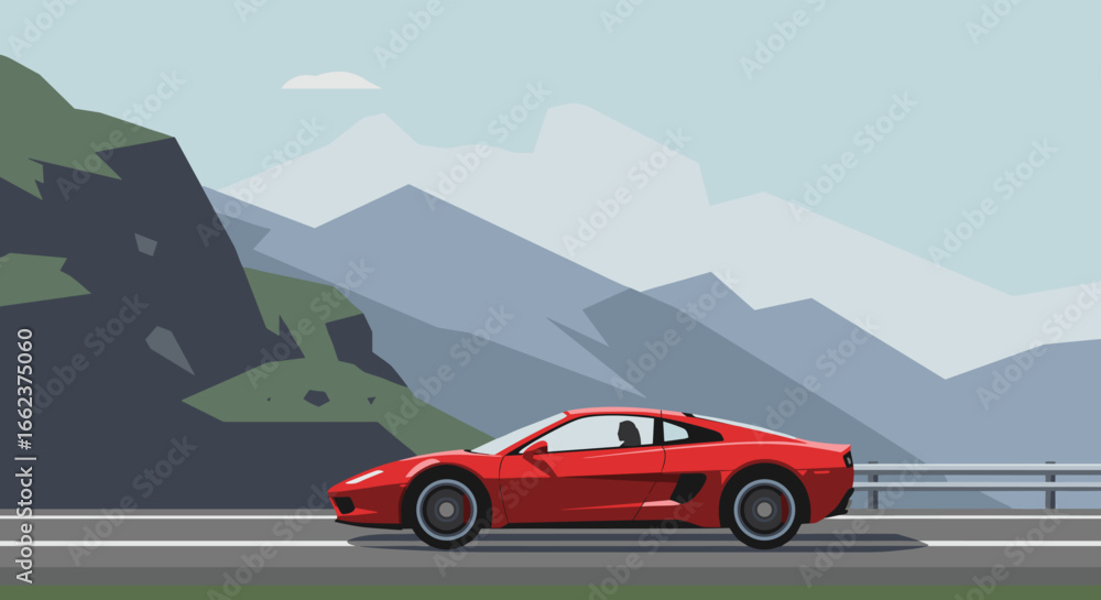 Naklejka premium Dynamic driving action of a red sports car on a scenic roadway mountainous landscape digital artwork vibrant environment. Vector illustration