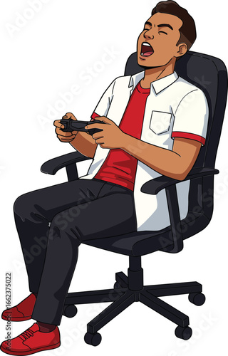 Young man playing video game sitting on office chair relaxed casual lifestyle vector illustration
