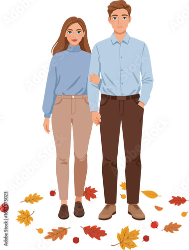 Young couple standing together surrounded by autumn leaves wearing casual stylish clothes vector illustration