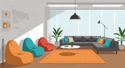 Cozy living room design modern apartment digital illustration bright environment eye-level view comfort and style. Vector illustration