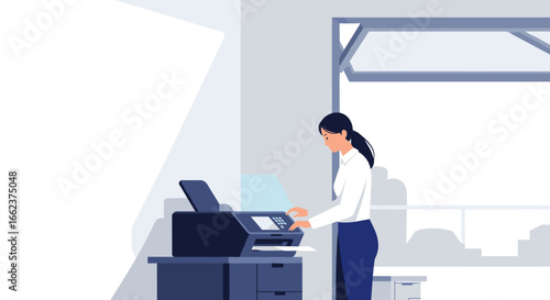 Office printer usage by a businesswoman in a modern workspace digital illustration professional environment side view. Vector illustration