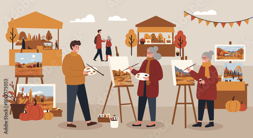 Art workshop event for all ages autumn festival outdoor market creative environment group activity. Vector illustration