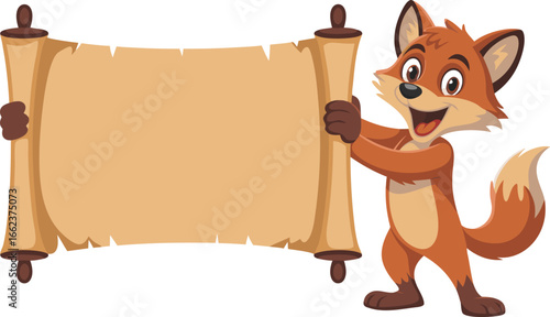 Cartoon Fox Character Holding an Old Scroll Banner with Space for Text