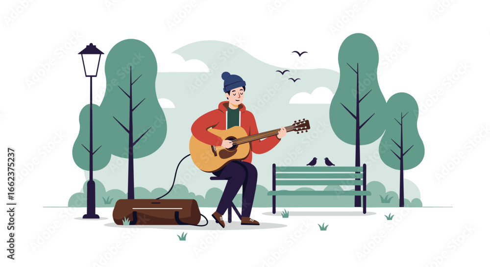 Obraz premium Musician playing guitar in a park illustrative art calm environment artistic perspective. Vector illustration