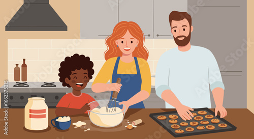 Family baking cookies together in a cozy kitchen fun cooking activity warm home environment. Vector illustration