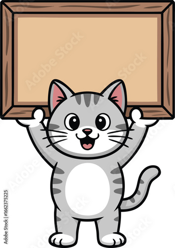 Cartoon Gray Striped Cat Holding Up a Blank Tan Wooden Sign with Both Paws