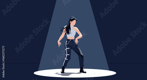 Dynamic dance performance spotlight stage animation dark background side view artistic expression. Vector illustration