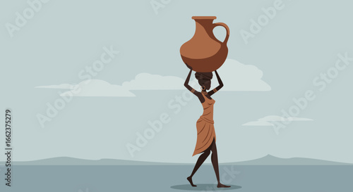 Woman balancing clay pot on head rural landscape digital illustration serene environment side view cultural representation. Vector illustration