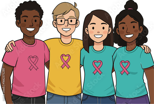 Group of diverse friends wearing breast cancer awareness shirts showing support and unity in vector style illustration