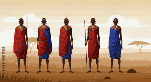 Cultural gathering of maasai warriors african savannah digital art warm climate wide angle heritage expression. Vector illustration