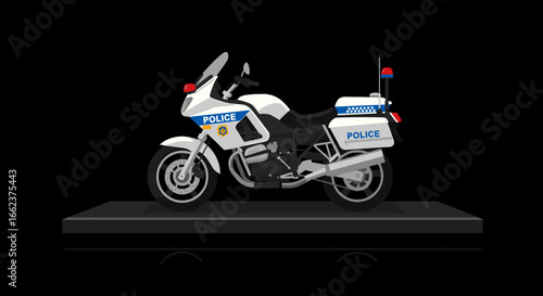 Police motorcycle in action urban environment digital illustration night viewpoint law enforcement concept. Vector illustration