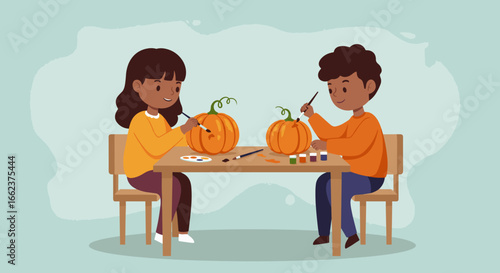 Creative kids pumpkin painting activity at home fun crafts indoor environment engaging and educational. Vector illustration