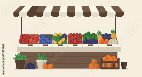 Fresh produce market stand showcasing fruits and vegetables urban environment illustration colorful view. Vector illustration