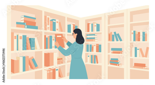 Book organization in a cozy library home interior illustration warm atmosphere eye-level view knowledge and learning. Vector illustration