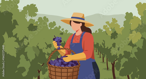 Grapes harvesting action vineyard location digital illustration content nature environment close-up viewpoint. Vector illustration