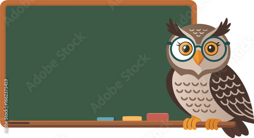 Cartoon Owl Wearing Glasses Next to Green Chalkboard with Chalk Pieces Education Concept