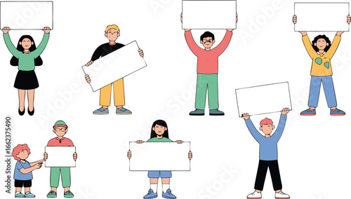 Cartoon People Demonstrating with Blank Signs Activism, Protest, Communication, Illustration, Graphics