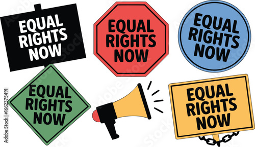 Cartoon of Political Protest with Equal Rights Now Signs and a Megaphone