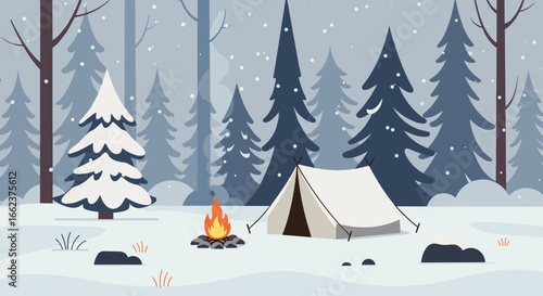 Winter camping adventure in snowy forest tent and campfire scene peaceful nature setting. Vector illustration