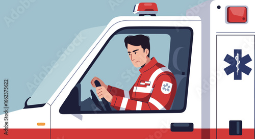Emergency response action ambulance vehicle digital illustration urban environment side view healthcare concept. Vector illustration