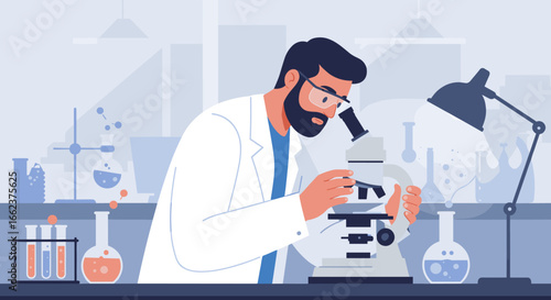 Scientific research in a laboratory microscope experiment science lab environment focused researcher innovative concepts. Vector illustration
