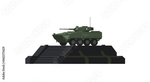 Military action vehicle display combat zone digital illustration urban environment side view warfare concept. Vector illustration