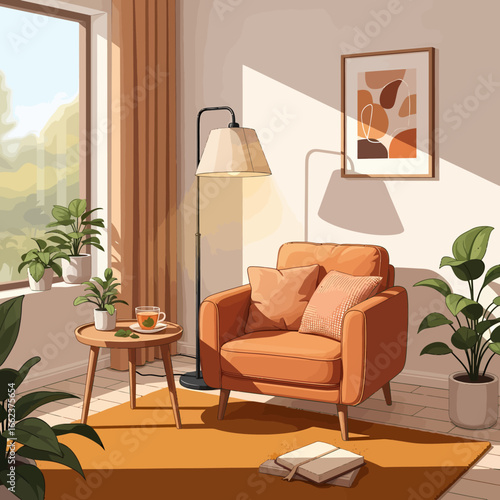 Cozy living room bathed in warm sunlight, featuring an orange armchair, a side table with a drink, and lush green houseplants.