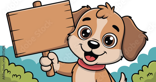 Cartoon Puppy Holding Blank Wooden Sign Above Green Bushes With Blue Background Sky