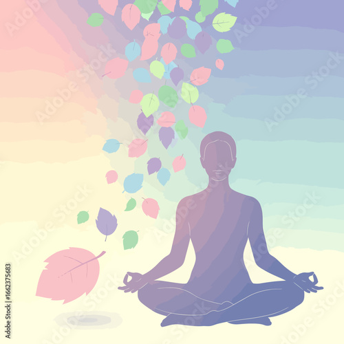 Silhouette of a person meditating peacefully in a lotus position, surrounded by a gentle cascade of colorful leaves against a soft pastel gradient background.