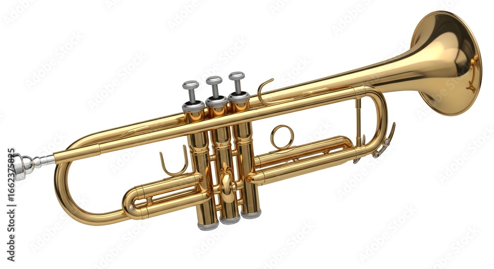 Obraz premium Golden brass trumpet isolated on white background, classic musical instrument with three valves used in jazz, orchestra, band, and symphony performances