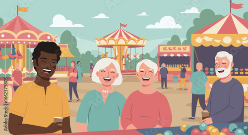 Joyful seniors enjoying a day at the fair family-friendly event amusement park fun atmosphere close-up view. Vector illustration