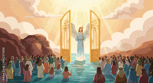 Divine revelation angelic figure emerges from heavenly gates in serene waters spiritual realm inspirational viewpoint. Vector illustration