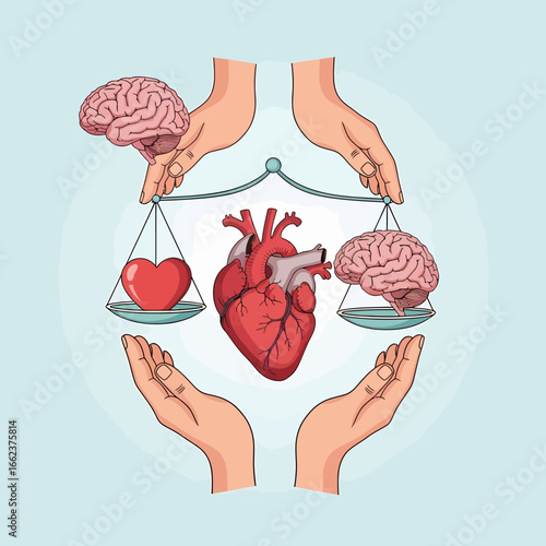 Hands balancing a human heart and brain on scales, symbolizing the equilibrium between emotion and intellect.