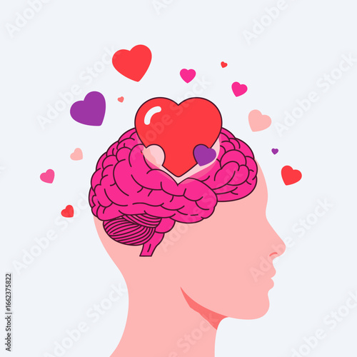 An illustration of a human head in profile with a pink brain containing a large red heart, surrounded by floating smaller hearts, symbolizing love and emotion.