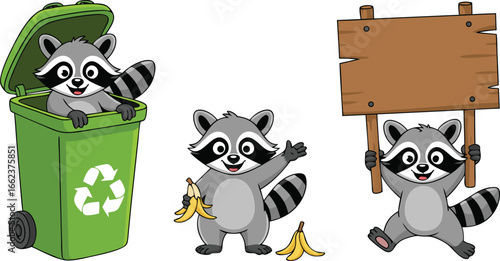 Cartoon Raccoons with Banana Peel, Recycle Bin, and Blank Wood Sign Illustration