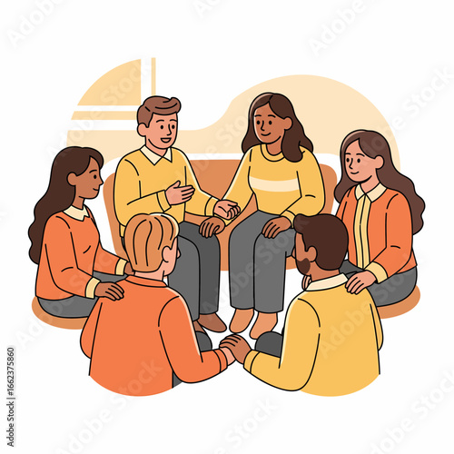 A diverse group of people sitting together, supporting each other, and sharing feelings in a circle.