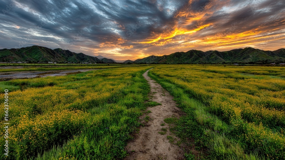 Fototapeta premium Pathway Through Field at Sunset