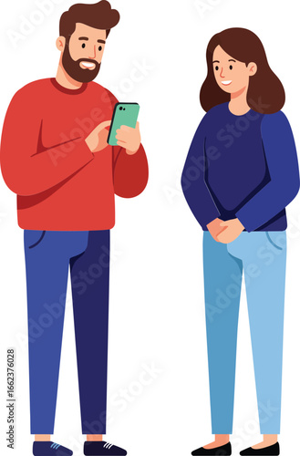 Young man showing smartphone to woman in casual clothes indoor vector illustration