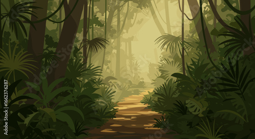 Exploring serene jungle trails lush forest paths digital illustration nature calm atmosphere. Vector illustration