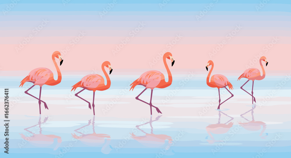 Obraz premium Flamingos walking gracefully at sunrise coastal beach digital illustration serene environment side view nature's beauty. Vector illustration
