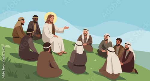 Jesus teaching disciples on a green hill inspirational illustration calm environment side view perspective. Vector illustration