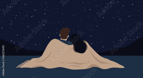 Couple stargazing under the night sky serene lake digital art romantic atmosphere cozy viewpoint dreamy concept. Vector illustration