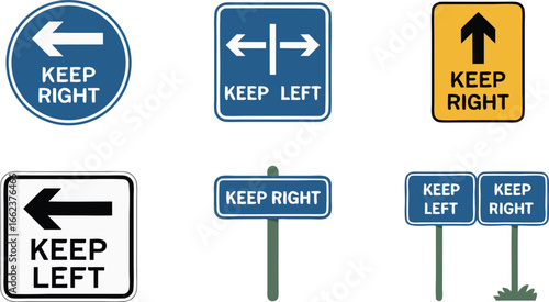 Cartoon Traffic Sign Illustrations Featuring Keep Left, Keep Right Directions, Isolated on White Background