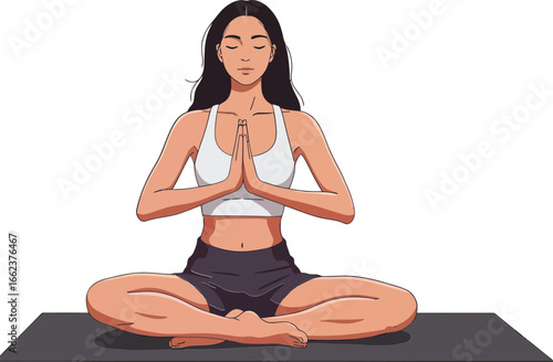 Woman practicing meditation and yoga in lotus pose with closed eyes on mat vector illustration