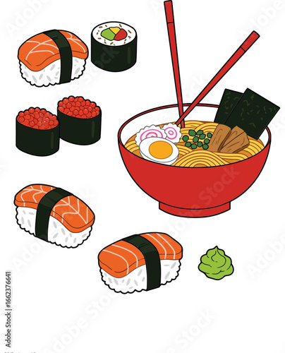 Japanese sushi and ramen bowl with chopsticks vector illustration of traditional Asian food items