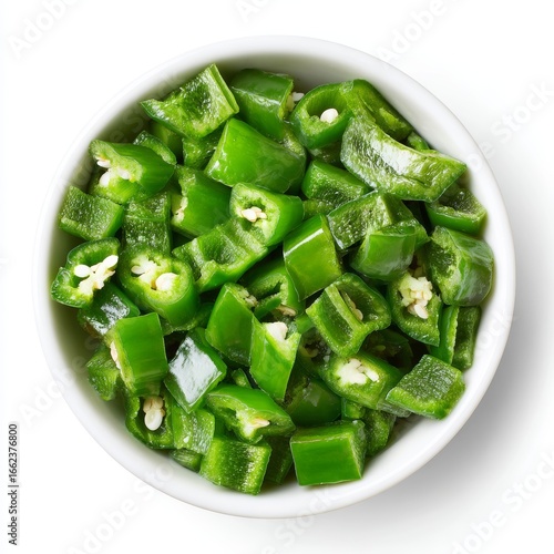Close-up shot of chopped green chili peppers in a white bowl, highlighting the vibrant color and freshness