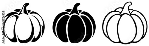 Pumpkins. Black and white contour and silhouette drawings of pumpkins isolated on a white background. Set of vector illustrations